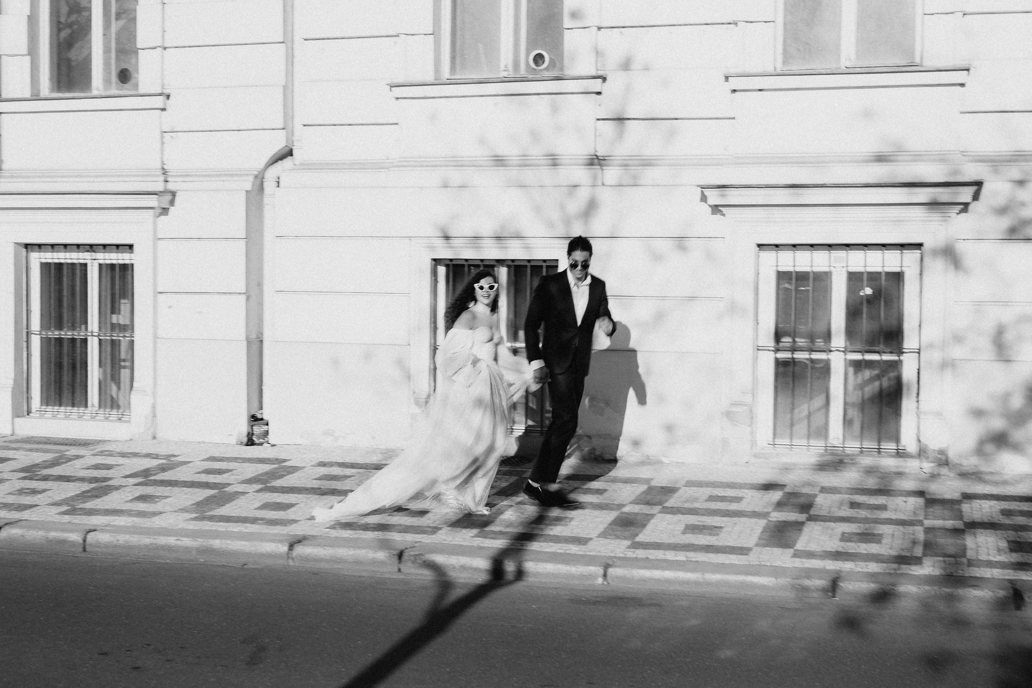 Black and white blurry wedding photo Prague elopement